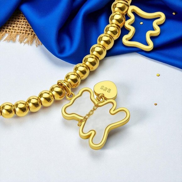 🆕️18K Gold Plated Bear Charm Stretch Bracelet Beaded Stainless Steel Stackable - Picture 6 of 10